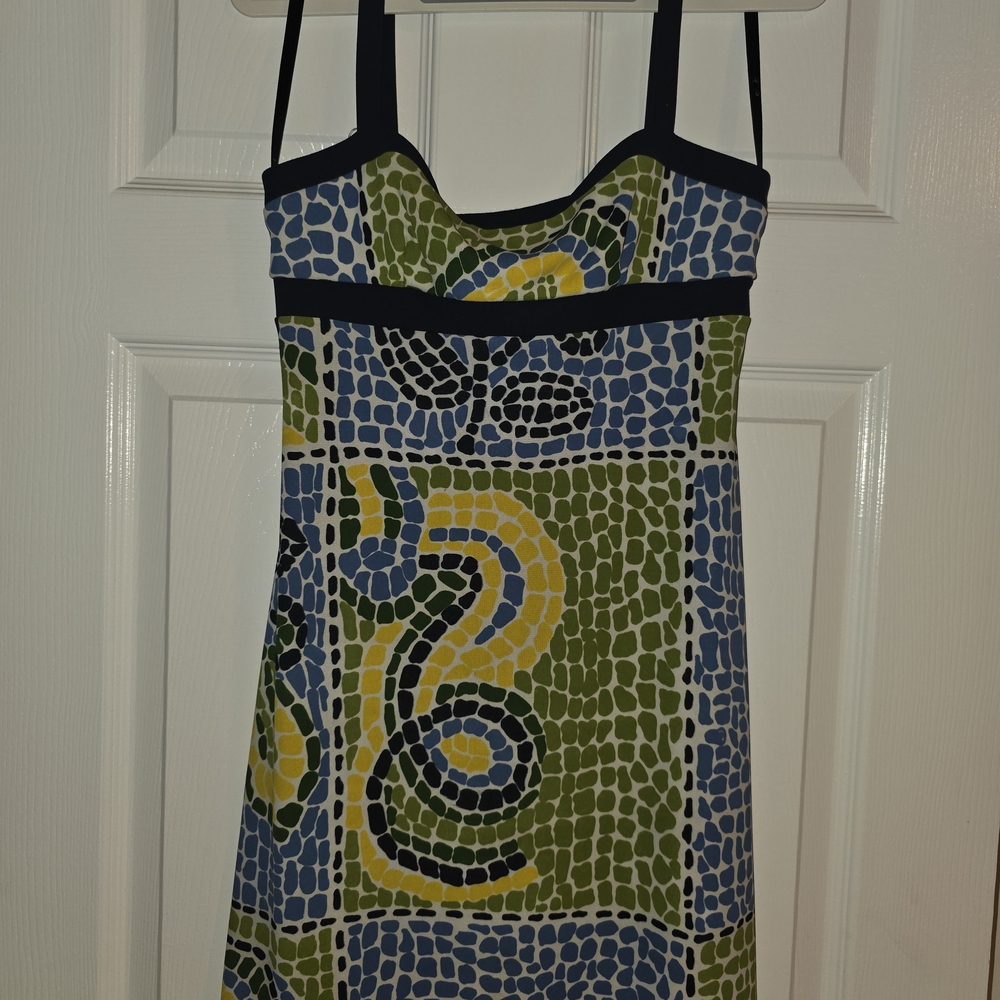 BCBGMaxAzria Strapless Dress with Blue, Green, and Yellow Mosaic